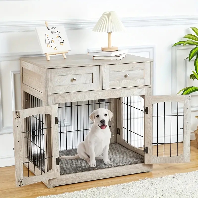 Whitewashed Dog Crate Furniture with Dual Storage Drawers