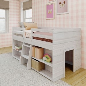 Whitewashed Farmhouse Low Loft Bed with Two Integrated Bookcases