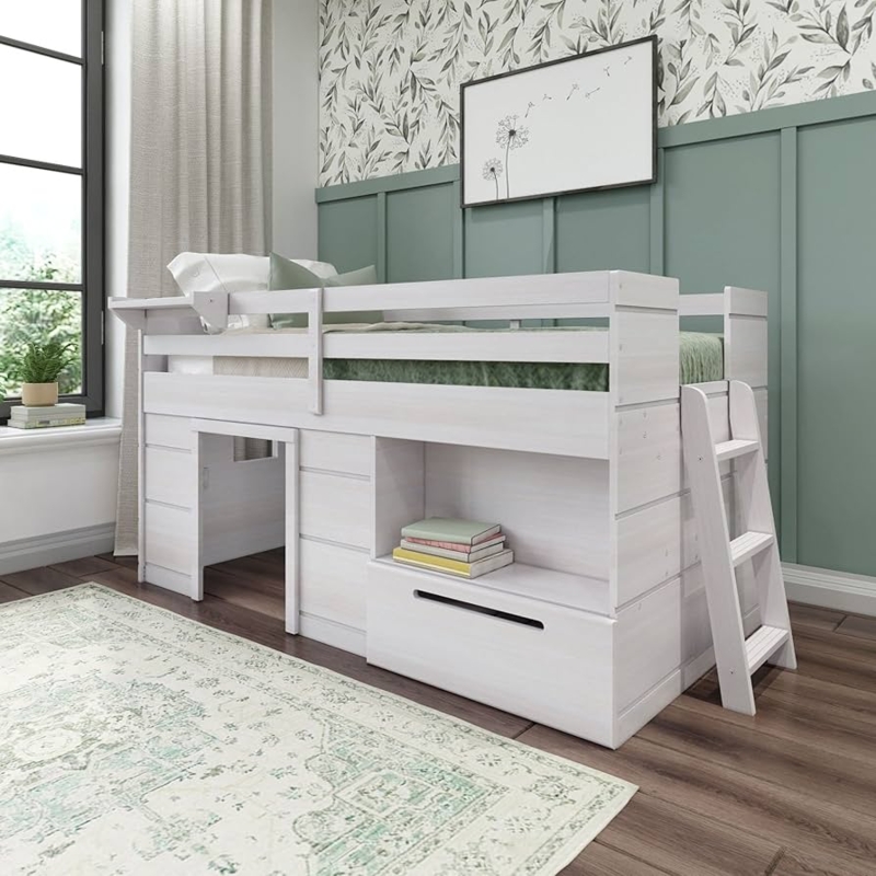 Whitewashed Low Loft Bed with Storage Drawer and Open Cubby