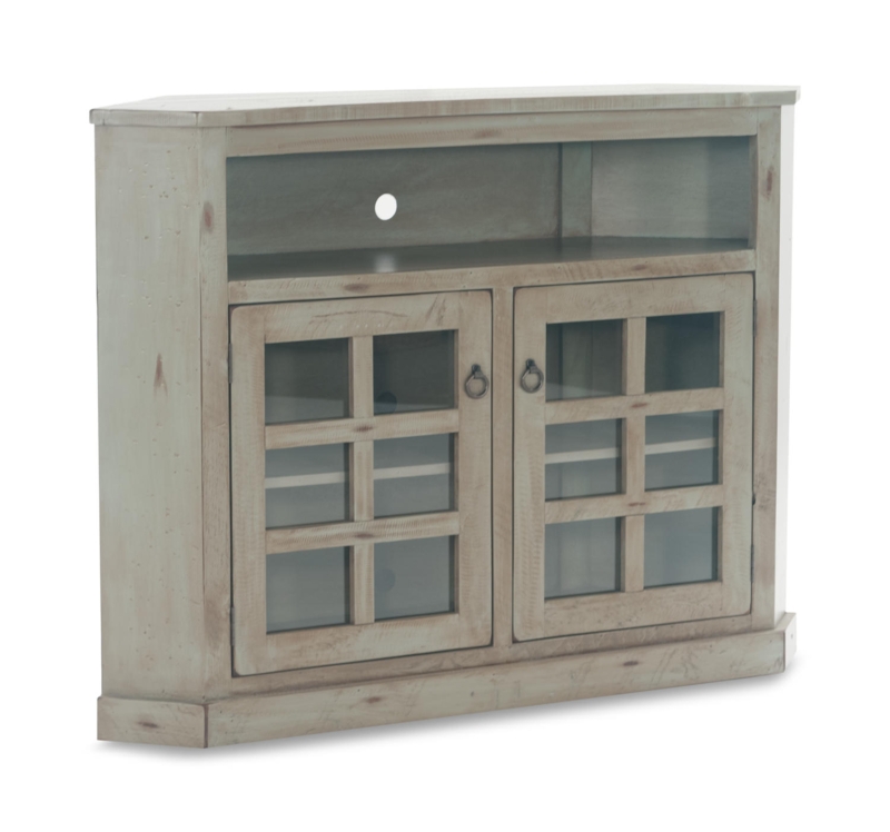 Whitewashed Media Console: Rustic Corner TV Stand with Windowpane Glass