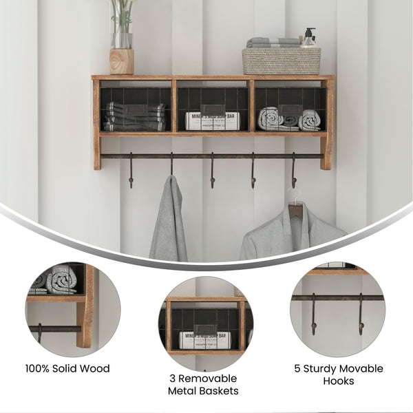 Whitewashed Solid Wood Storage Rack with Movable Hooks and Wire Baskets