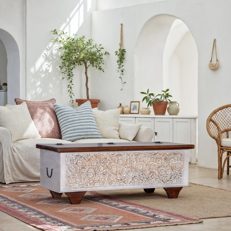 Whitewashed Storage Trunk: Contrasting Wood Top & Floral Relief Carvings