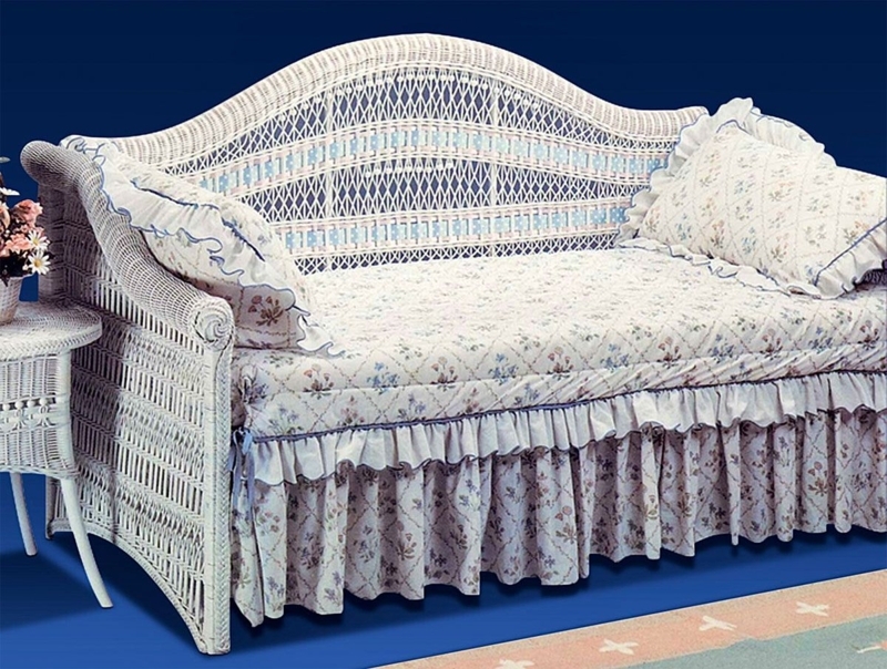 Whitewashed Wicker Daybed, Diamond Lattice Weave, Ruffled Bedskirt