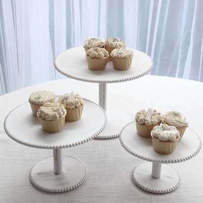 Whitewashed Wood Cake Stand Set Beaded Rim Farmhouse Display