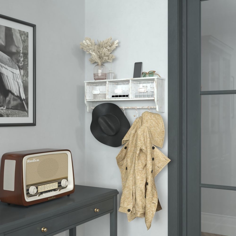 Whitewashed Wood Entryway Rack with Wire Mesh Baskets and Hanging Hooks