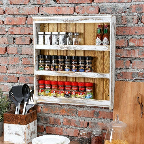 Whitewashed Wood Spice Rack 3-Tier Rustic Farmhouse Vertical Slats