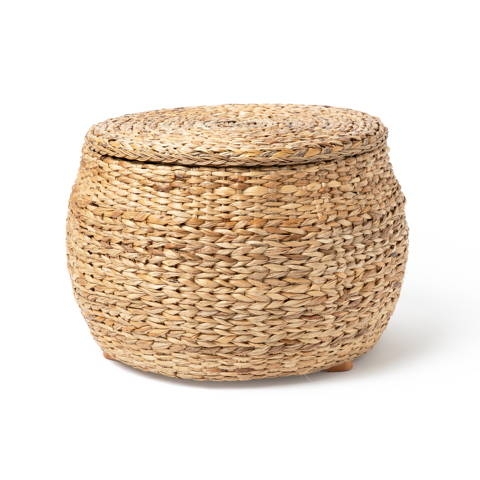 Wholestory Collective Round Storage Ottoman 24 inch Wicker Coffee Table Rattan Seagrass Foot Rest Stool with Large Lid for Living Room, Bedroom, Hand