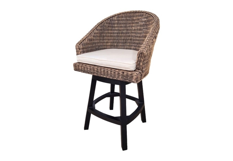 Wicker Bar Stool Swivel Antique Brown Finish Upholstered Seat Coastal