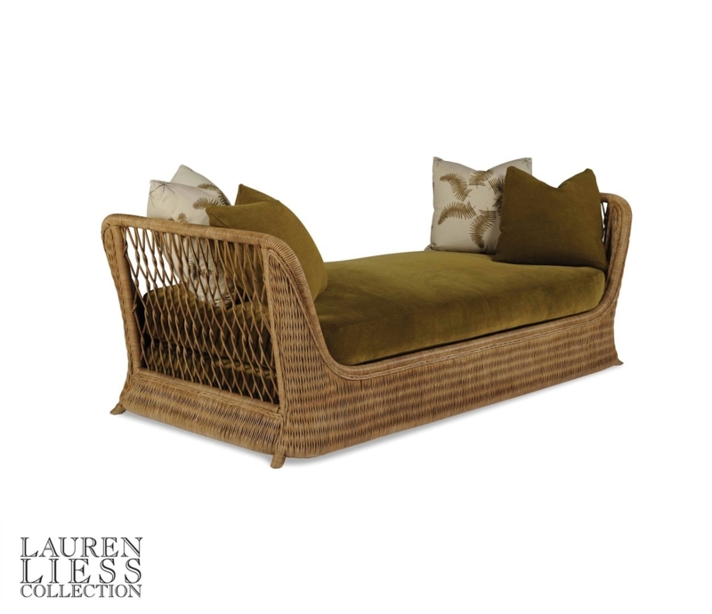 Wicker Daybed, Woven Sleigh Frame, Lattice Ends, Moss Green Velvet