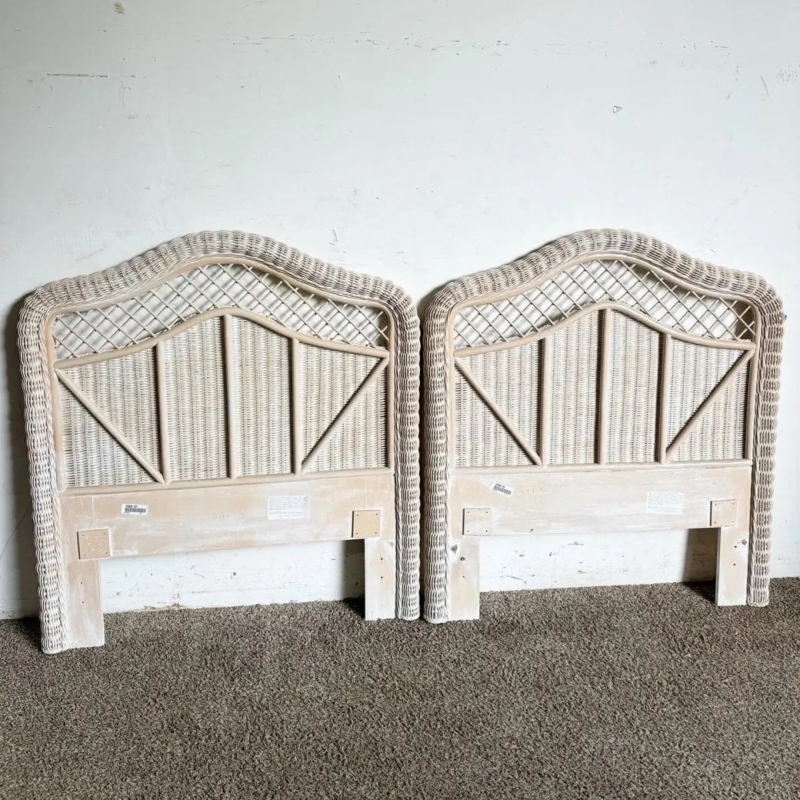 Wicker Headboard Pair Whitewashed Braided Border Lattice Weave Twin