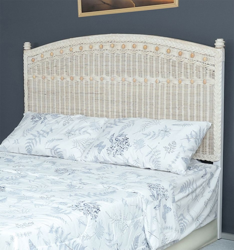 Wicker Headboard Whitewashed Rattan Beaded Accents Arched Top Coastal