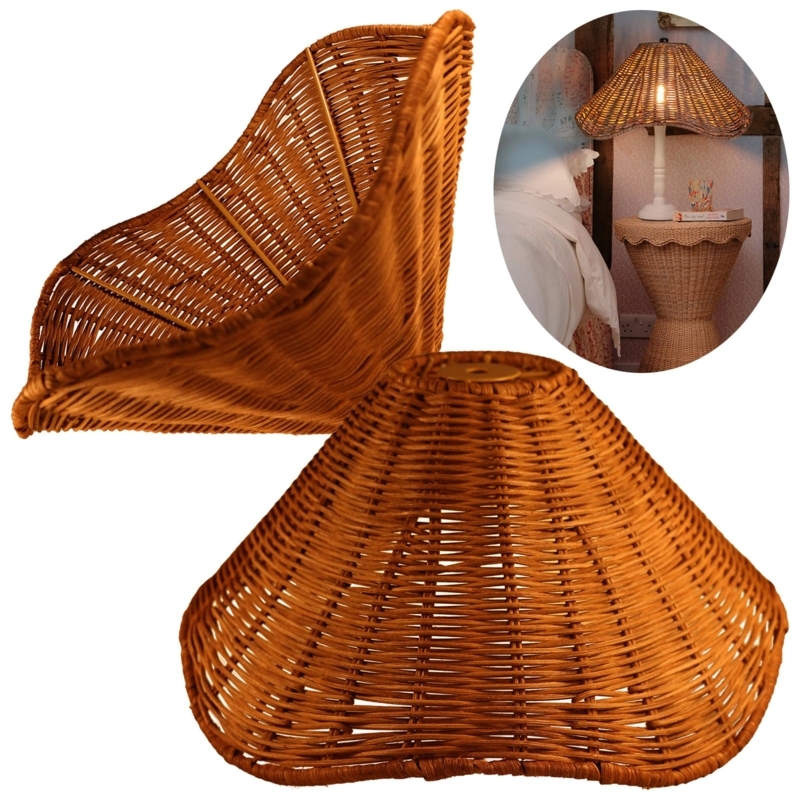 Wicker Lampshade Pair Dark Brown Scalloped Edge Boho Rattan Light Cover