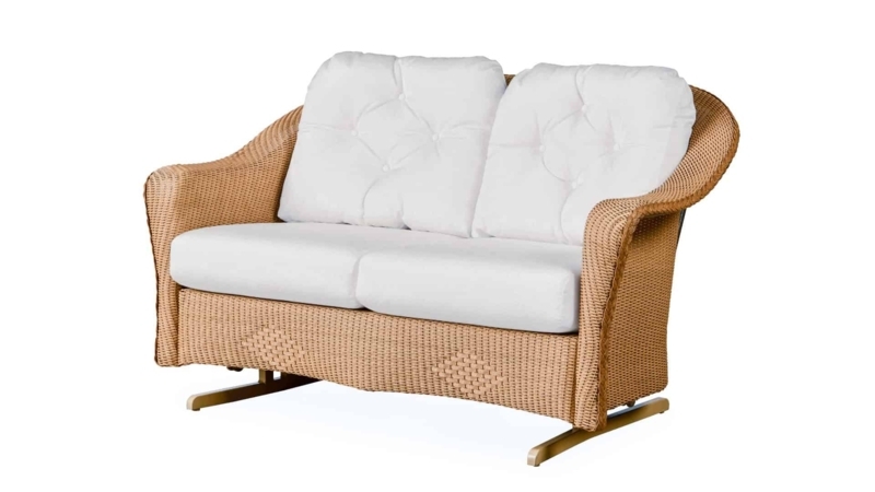 Wicker Loveseat Glider with Diamond Weave Detail and White Tufted Cushions