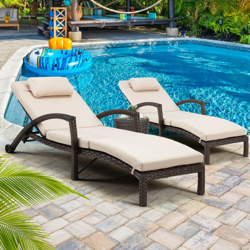 Wicker Outdoor Chaise Set featuring Khaki Cushions and Table