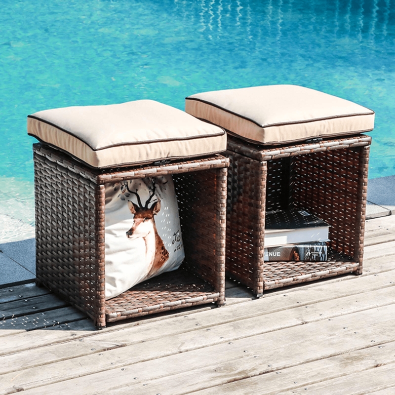 Wicker Outdoor Storage Ottomans Open Cubby Contrast Piping