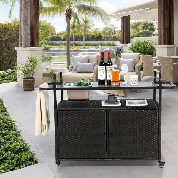 Wicker Patio Bar Cart with Integrated Ice Bucket and Cabinet