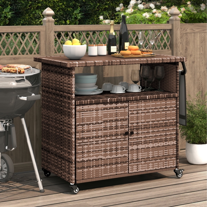 Wicker Patio Serving Table Cart with Multi-Tier Storage