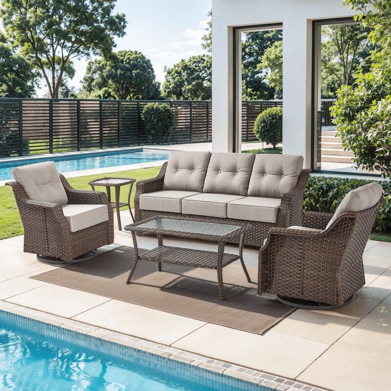 Wicker Swivel Glider Set in Mocha Brown with Rolled Arms and Tiered Table