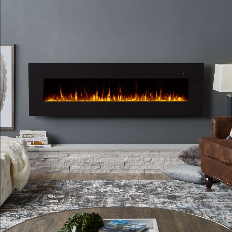 Wide Electric Fireplace 72 Inch Matte Black Wall Hung Amber Flame