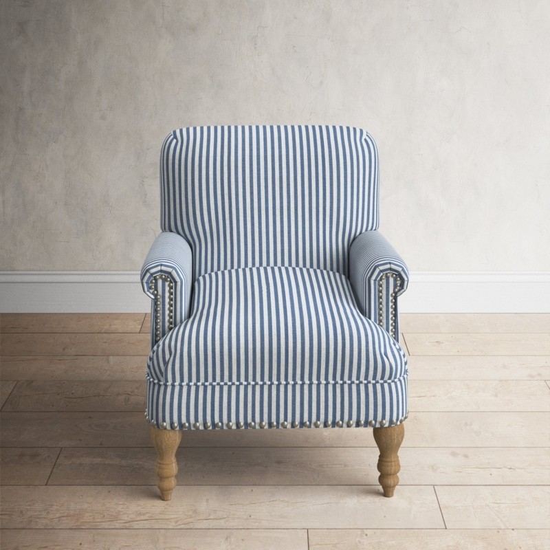 Wide Navy Stripe Accent Chair, Nailhead Trim, Turned Legs, Rolled Arms