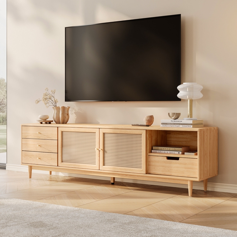 Wide Profile Japandi TV Stand with Rattan Webbing Doors