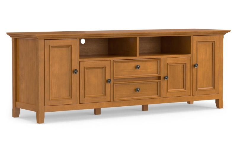 Wide Wood Media Stand featuring Six Storage Compartments