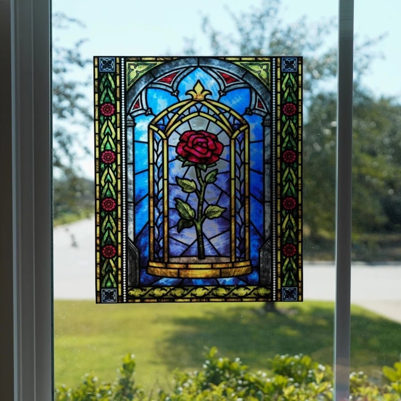 Window Cling Enchanted Rose Motif Leaded Glass Effect Fairytale Home