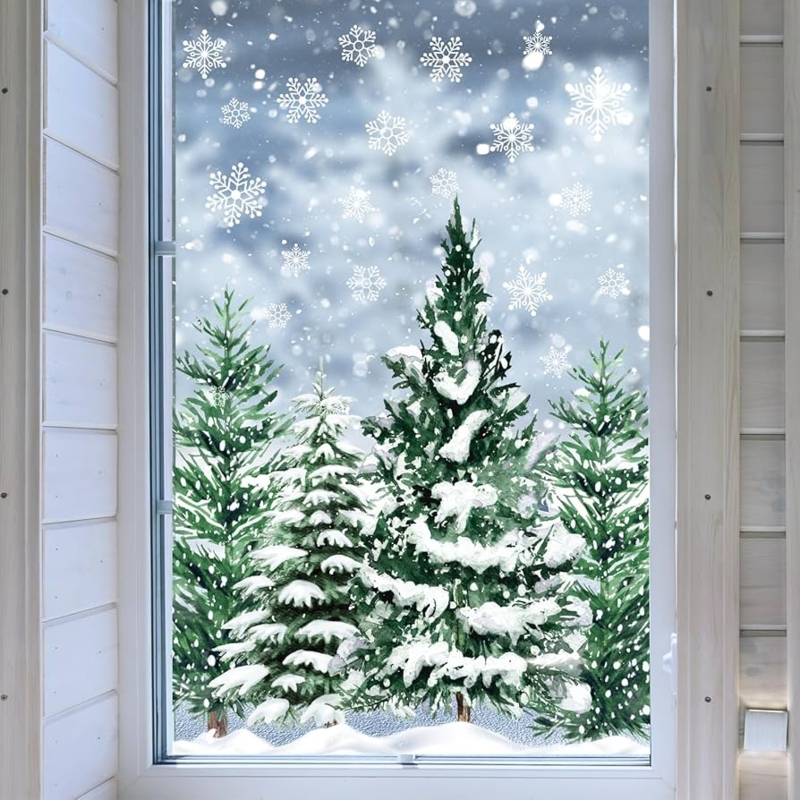 Window Clings Snowy Forest Scene Intricate Snowflakes Winter Wonderland.