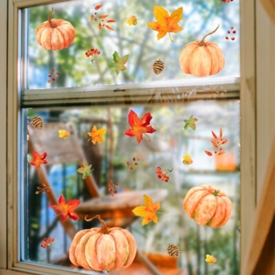 Window Clings Watercolor Finish Pumpkin Motif Autumn Leaf Pattern Rustic.
