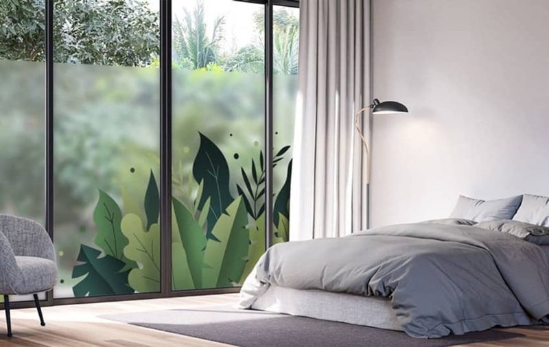 Window Decal Botanical Pattern Frosted Finish Biophilic Design Leaf Motif.
