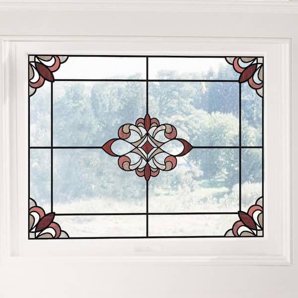Window Decal Leaded Glass Effect Floral Motif Craftsman Style Deep Red.