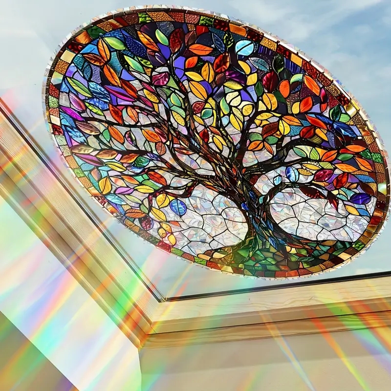 Window Decal Tree Of Life Motif Prismatic Light Effect Faux Stained Glass.