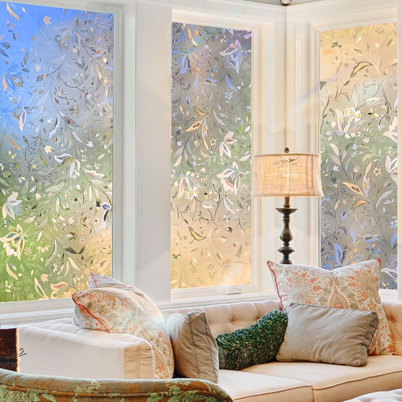 Window Film 3D Etched Floral Rainbow Light Effect Privacy Decal Prismatic.