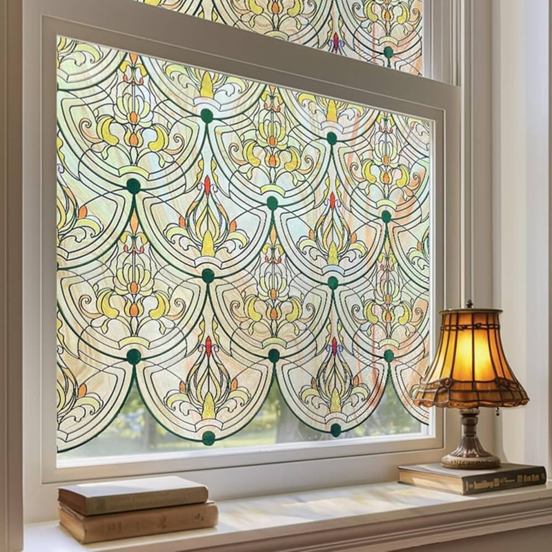 Window Film Golden Ironwork Pattern Static Cling Art Nouveau Privacy Film
