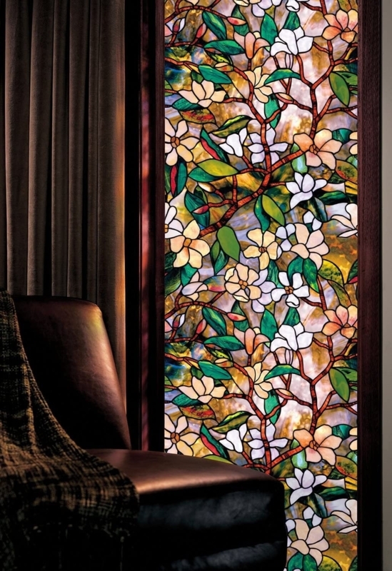 Window Film Magnolia Floral Pattern Faux Leaded Glass Art Nouveau Vintage.