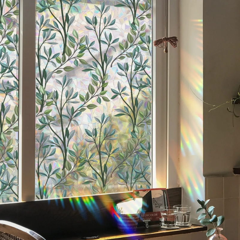 Window Film Rainbow Maker Leaf Vine Pattern Static Cling Botanical Decor.