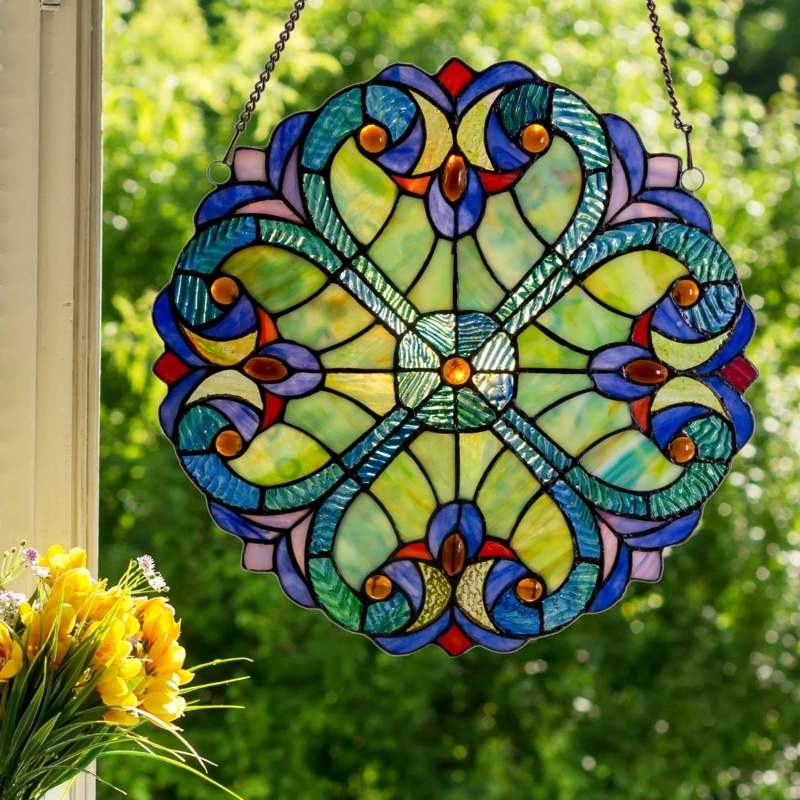 Window Panel Mandala Pattern, Glass Cabochons, Scalloped Edge.