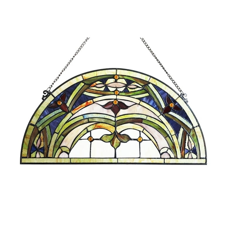 Window Panel Victorian Fleur de Lis Pattern Semi Circular Cobalt Blue