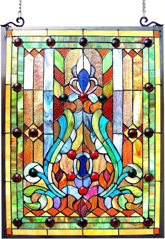 Window Panel Victorian Tiffany Style Cabochon Jewels Teal Amber