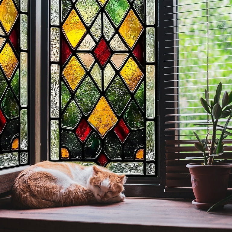 Window Privacy Film Diamond Lattice Design Stained Glass Effect Cottage.