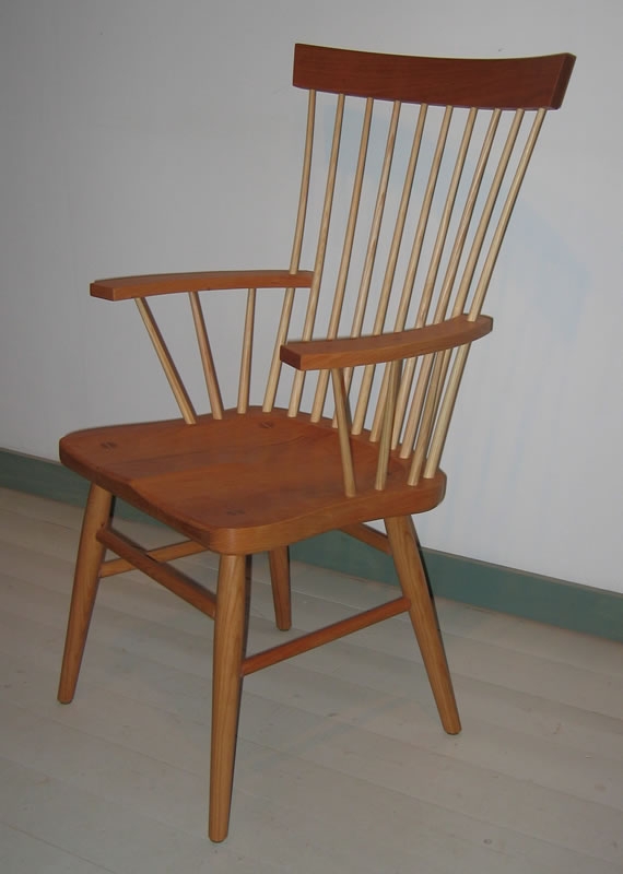 Windsor Armchair Two Tone Wood Sculpted Seat Flared Spindles Modern