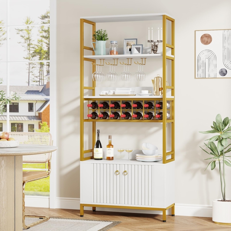 Wine Bar Cabinet Gold and White Fluted Cabinet Doors Tall Profile