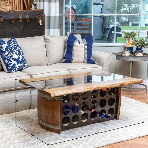 Wine Barrel Coffee Table with Glass Top Insert and Live Edge Details
