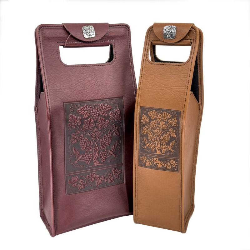 Wine Bottle Carrier Embossed Grapevine Motif Rustic Leather Bag