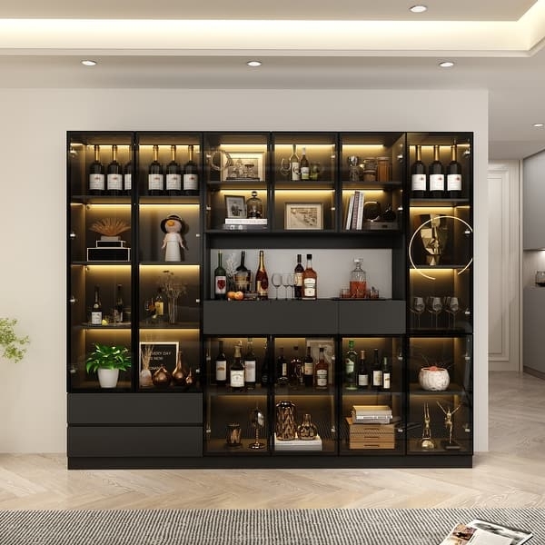Wine Cabinet Modular Curio Matte Black Frame Integrated Lighting