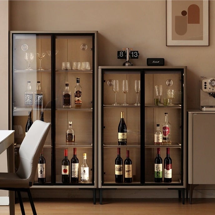 Wine Cabinet Warm Beige Finish Glass Doors Integrated LED Lighting