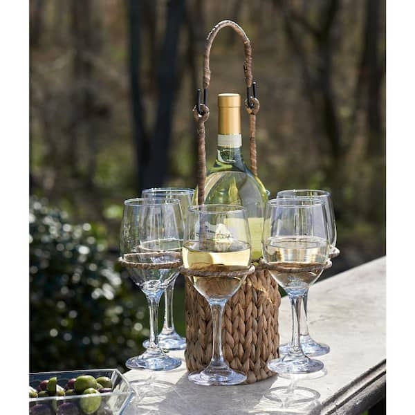 Wine Caddy: Natural Tan Woven Fiber Texture with Arched Handle.