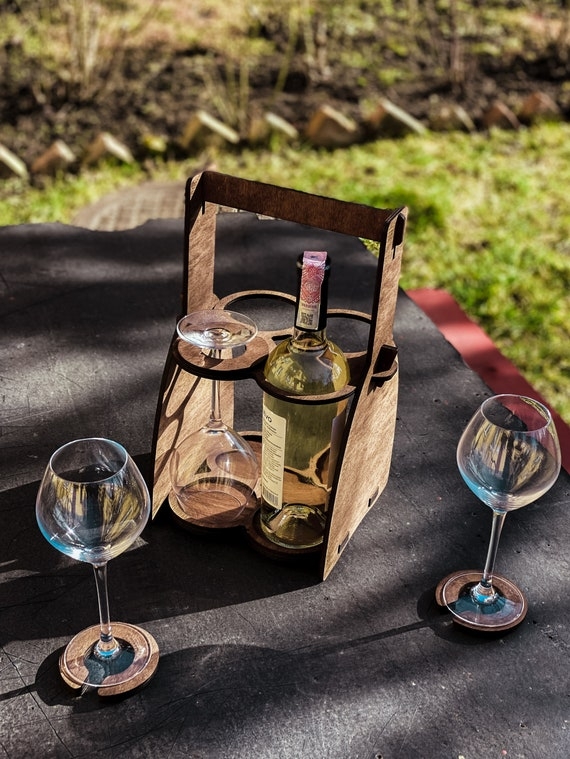 Wine Caddy: Walnut Brown Wood-Toned with Slot-and-Tab Construction.