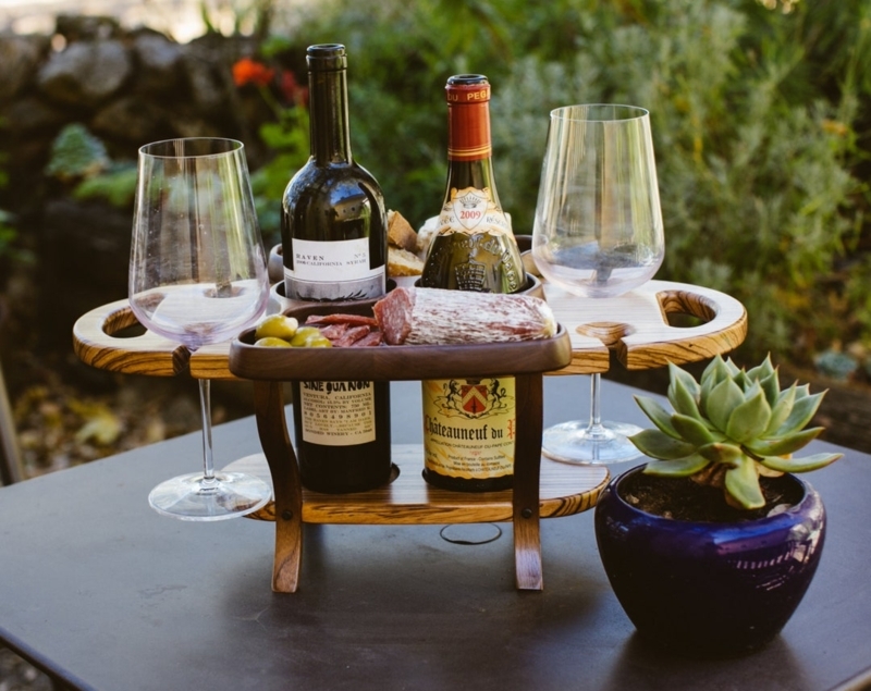 Wine Caddy: Walnut Wood-Toned, Integrated Cheese Tray & Glass Notches.