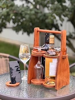 Wine Caddy: Warm Amber Wood-Toned with Integrated Smartphone Dock.